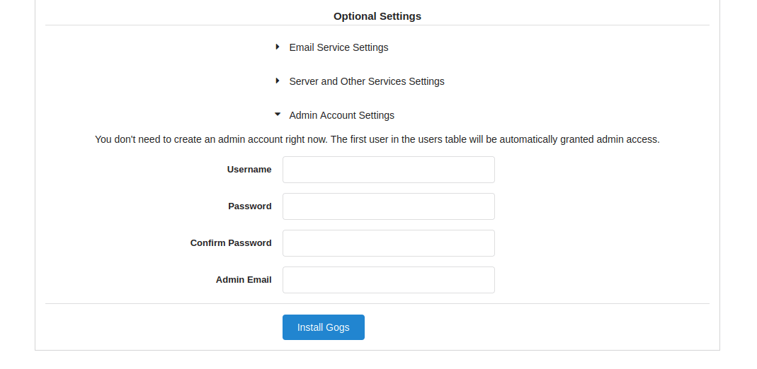 In the Admin Account Settings section, enter your Username, Password, and Admin Email.