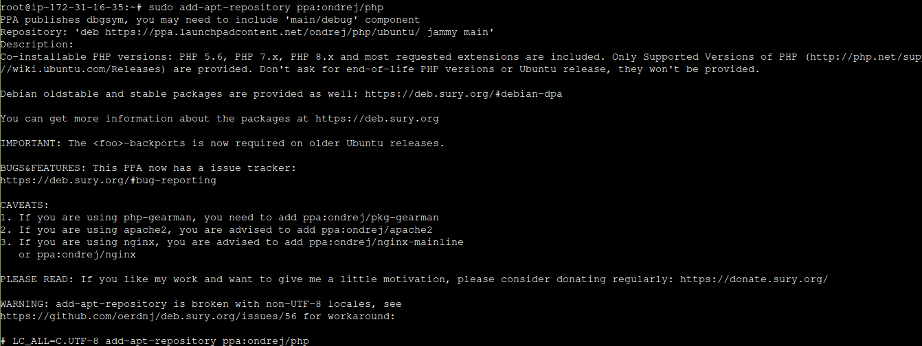 Install PHP on Ubuntu. Press the Enter key when the system prompts you to. This allows your system to use the repository as a source for new software.