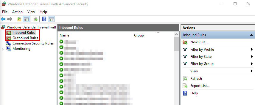 Opening the Windows Firewall with Advanced Security to configure inbound and outbound rules.