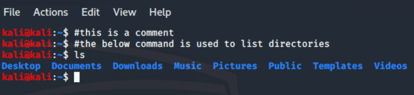 What is Kali Linux? Comments: The "#" character is used to enter a comment in the terminal. Here is an illustration of a comment.