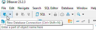 DBeaver tutorial for PostgreSQL, SQLite, MySQL, and MariaDB — to connect to a database in DBeaver, open the utility and click Database in the top menu. Then, click the New Database Connection option or the Plug icon located within ribbon of icons at the top right portion of the user interface.