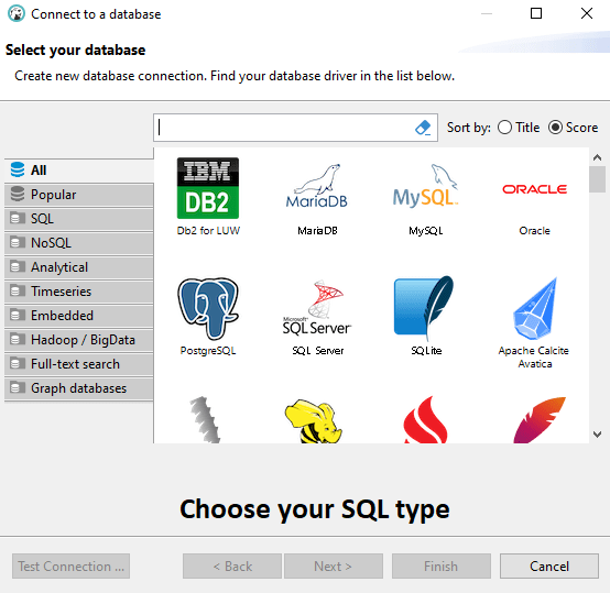 DBeaver tutorial for PostgreSQL, SQLite, MySQL, and MariaDB — when the Connect to Database box appears, choose the database type that you want to connect to, then click Next.