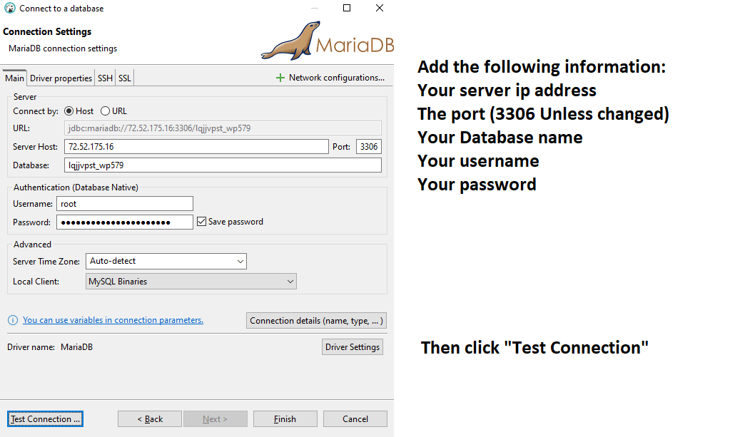 DBeaver tutorial for PostgreSQL, SQLite, MySQL, and MariaDB — then, click Test Connection to ensure everything is set up correctly. You can click Finish if the test is successful.