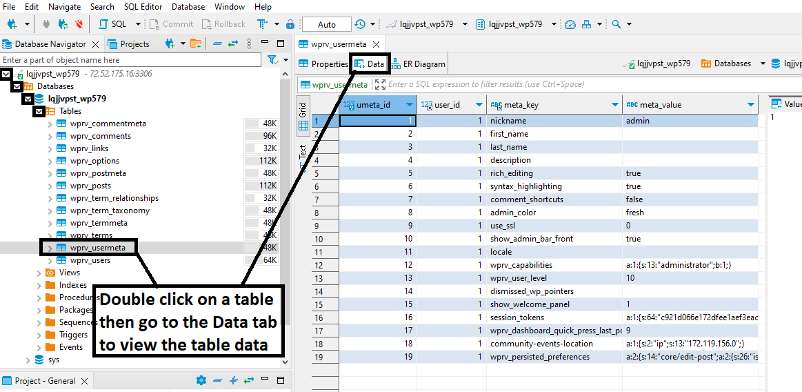 DBeaver tutorial for PostgreSQL, SQLite, MySQL, and MariaDB — once you are connected to your database, click the dropdown arrow next to the name of the database connection. Find the name of the database. Then, browse the database's structure to access its tables and views in the panel shown.