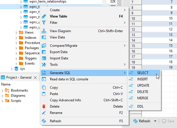 DBeaver tutorial for PostgreSQL, SQLite, MySQL, and MariaDB — you can also right-click a specific table, then go to the Generate SQL dropdown menu to make SQL queries for a specific table.