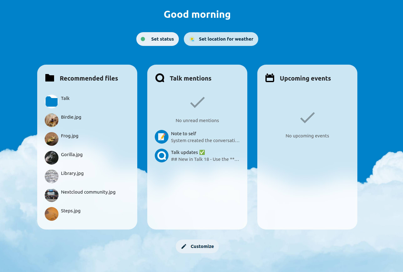 Click the Open your Nextcloud button and log in to your newly deployed Nextcloud storage platform. You can use the Customize button to change the layout of the main screen.