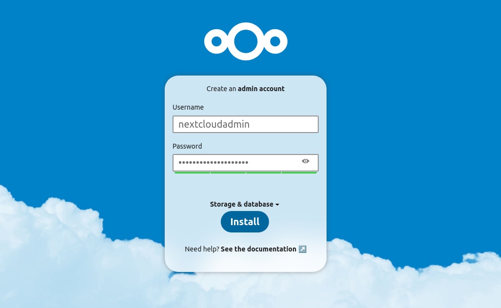 Create a username for your Nextcloud administrative account and generate a strong password. The newly created account will be used to manage your Nextcloud cloud storage platform.