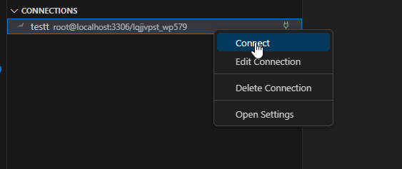 How to connect to MySQL using SQLTools in VSCode — After configuring, click on the Connect icon next to your connection. Now you can view and manage your MySQL database directly from VSCode using SQLTools.