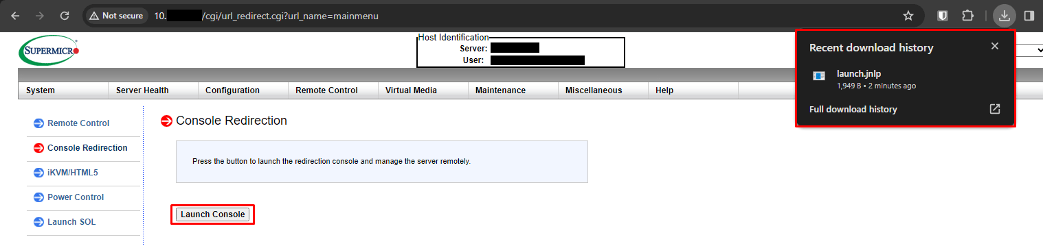 Mount ISO files via IPMI using a local file and the Java method — once you have installed/updated Java to the latest version, you can click the Launch Console option. Depending on the BMC hardware of the server and your browser, this will either open the console directly or download a file on your computer named launch.jnlp.