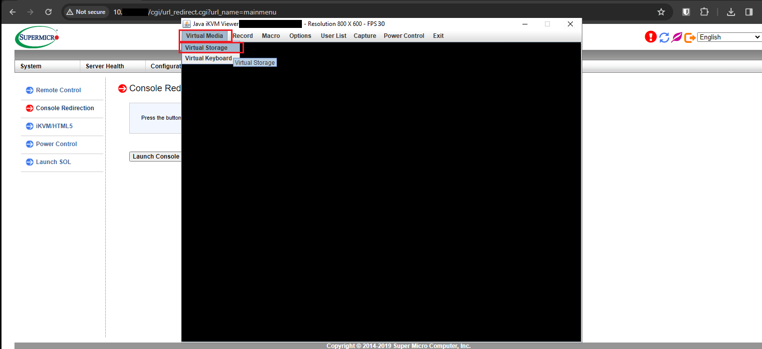 Mount ISO files via IPMI using a local file and the Java method — and now, here is the moment we have been waiting for. Once the console is loaded, you can click Virtual Media at the top left of the console window and then click the Virtual Storage option. This option helps you control, choose, and mount ISO files as virtual storage in the console.