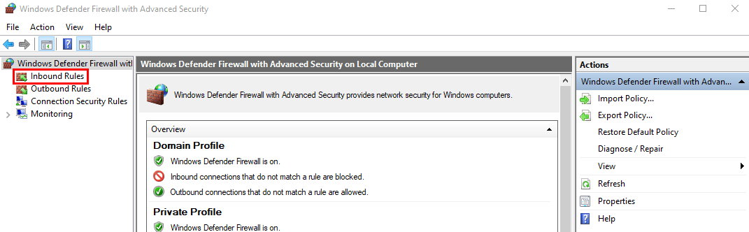 Navigating to Inbound Rules in Windows Defender Firewall on Windows.