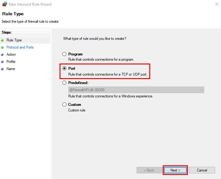 Selecting the Port option for the new inbound rule.