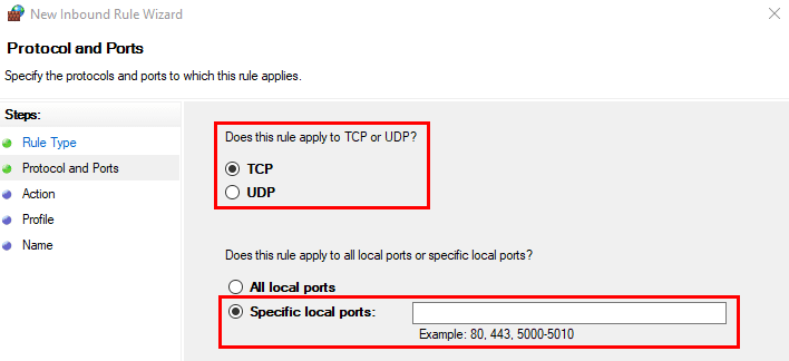 Choosing between TCP or UDP for the new inbound rule and specifying the port number(s).