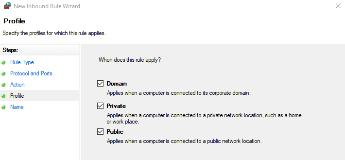 Selecting the profiles for the new inbound rule.