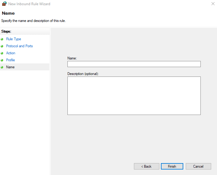 Entering a name and a description that clearly represents the new inbound rule.