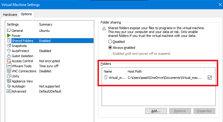 How to add shared folders in a VMWare host machine.