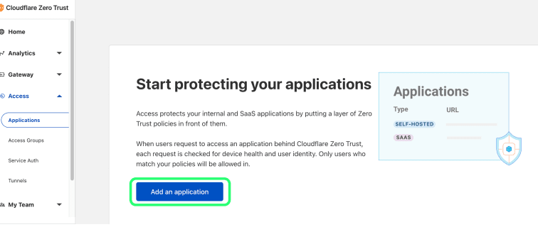 Now, we will be developing the Bitwarden + Cloudflare Access application instance with Zero Trust security. We will build a Security Assertion Markup Language (SAML) application here using the following steps. Click on Access > Applications > Add an Application button. Choose the SaaS option as the application type.