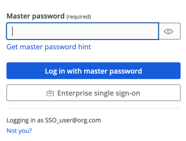To test the configuration, navigate to https://vault.bitwarden.com, enter your email address, click the Continue option, and then click the Enterprise Single Sign-On button.