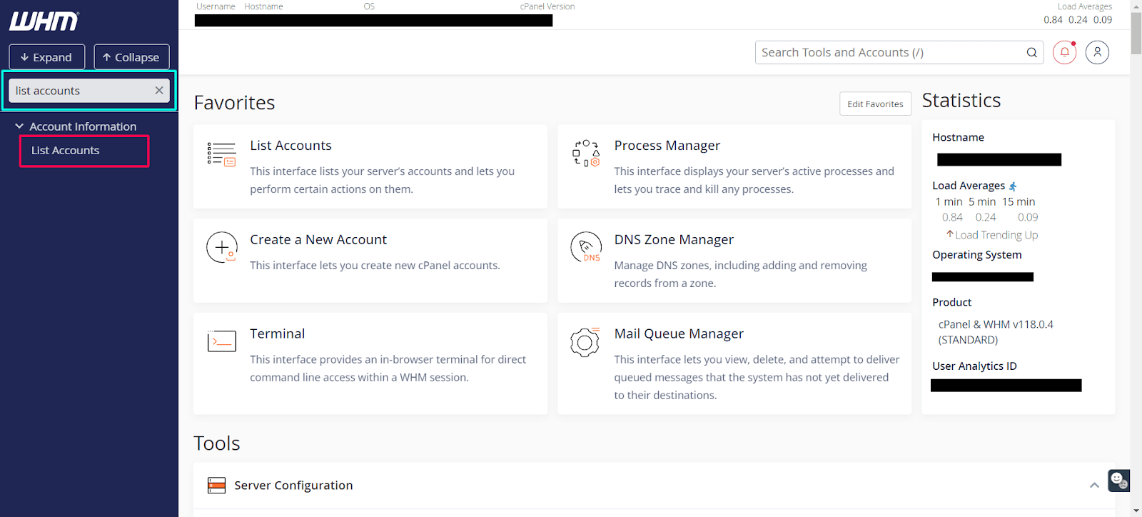 Change cPanel password from WebHost Manager (WHM) — list accounts.