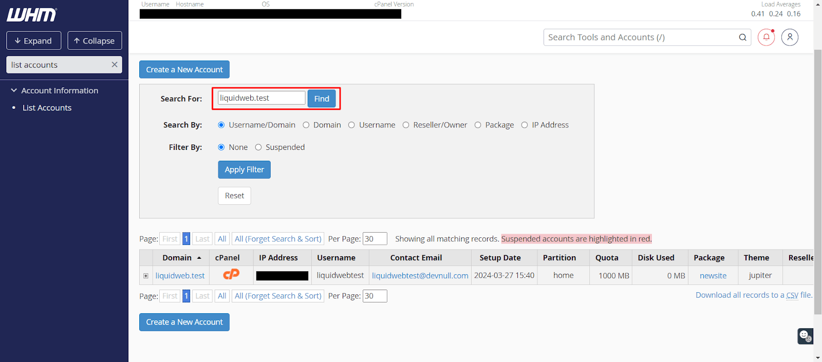 Change cPanel password from WebHost Manager (WHM) — search for the proper cPanel account.