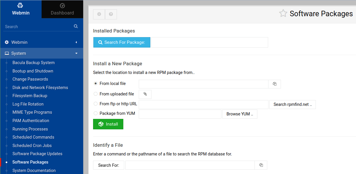 To manage software packages, click the System menu option located in the left navigation bar. Then, find and click the Software Packages option under System. Install, remove, and update software packages using the package manager interface depicted here.