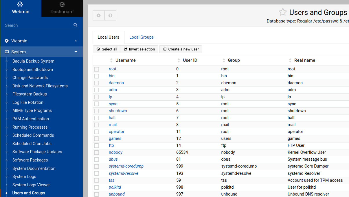 Users and groups can be managed from within the Webmin Dashboard in a straightforward manner. Select the System > Users and Groups item in the left navigation bar. When, the screen below appears, manage user accounts and groups by creating, editing, or deleting them as needed.