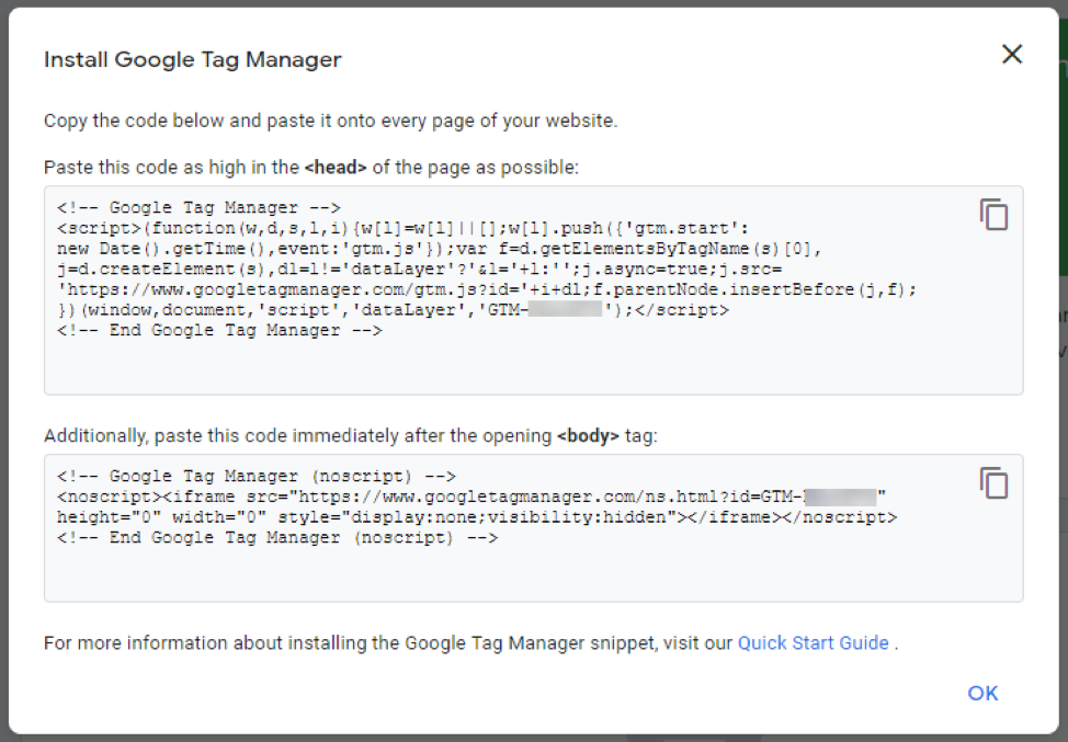 Install the tag manager code