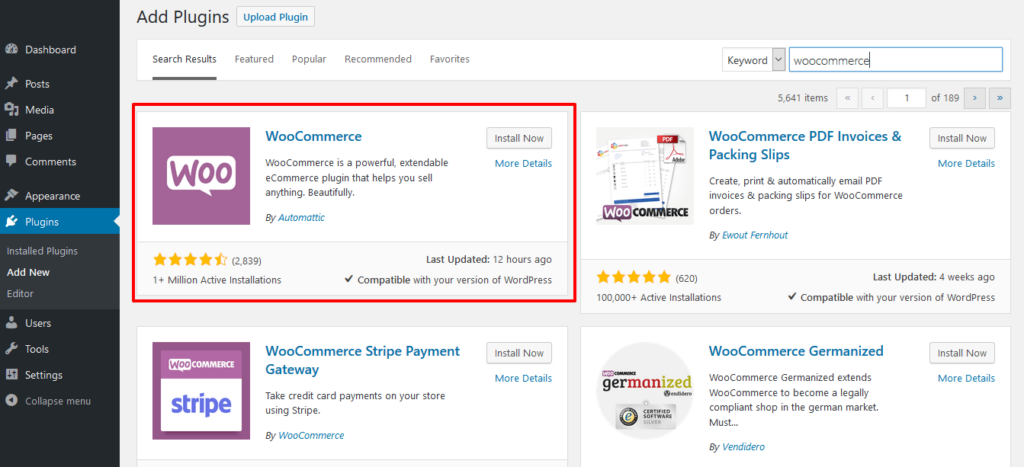 screen showing downloading woocommerce plugin for wordpress