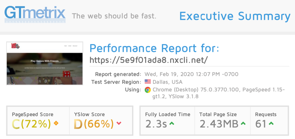 GTmetrix performance report for WooCommerce on Nexcess