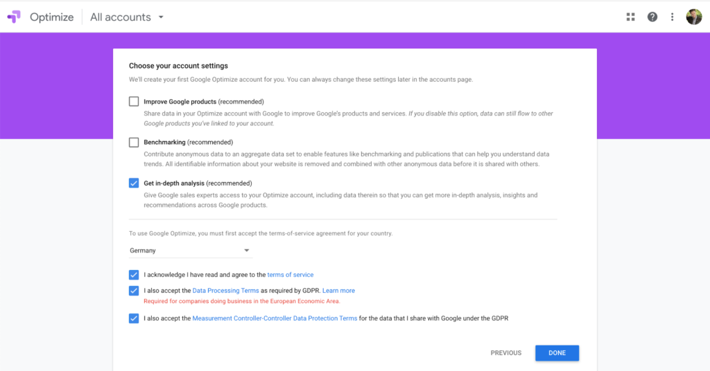 Google Optimize Account Settings