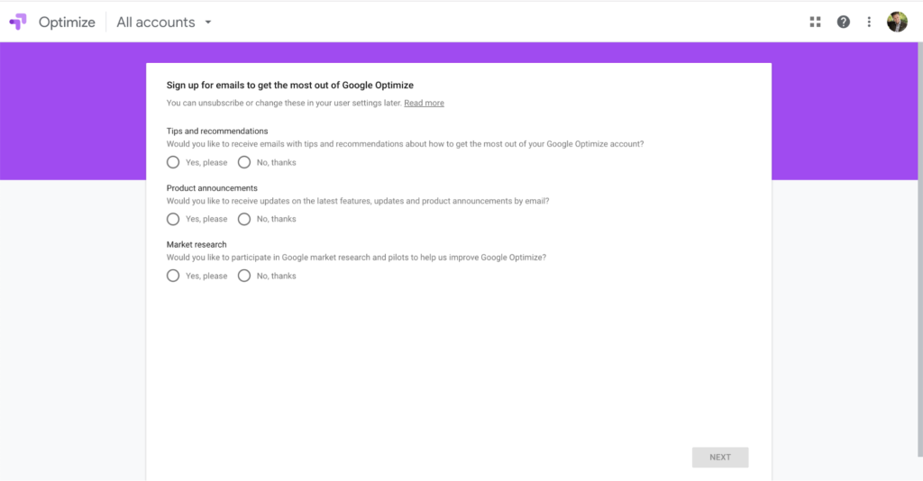 Google Optimize newsletter signup