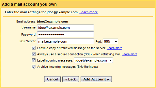 Gmail Mail Fetcher: Setting up a POP3 Account