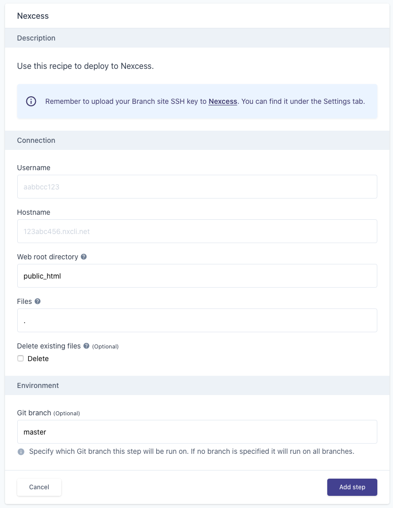 Configuration for the Nexcess deployment recipe on Branch