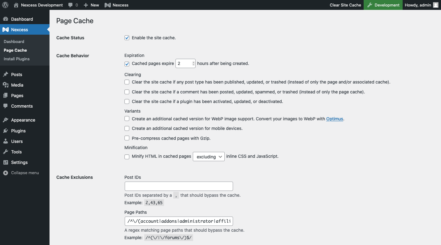 The Nexcess Page Cache settings screen