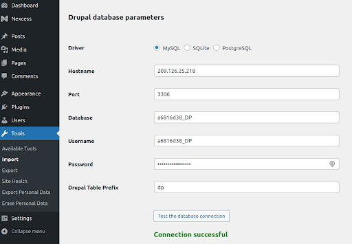 Test the Database Connection button