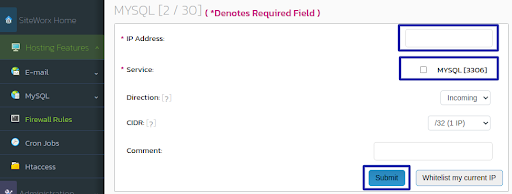 MySQL Whitelist IP Address field
