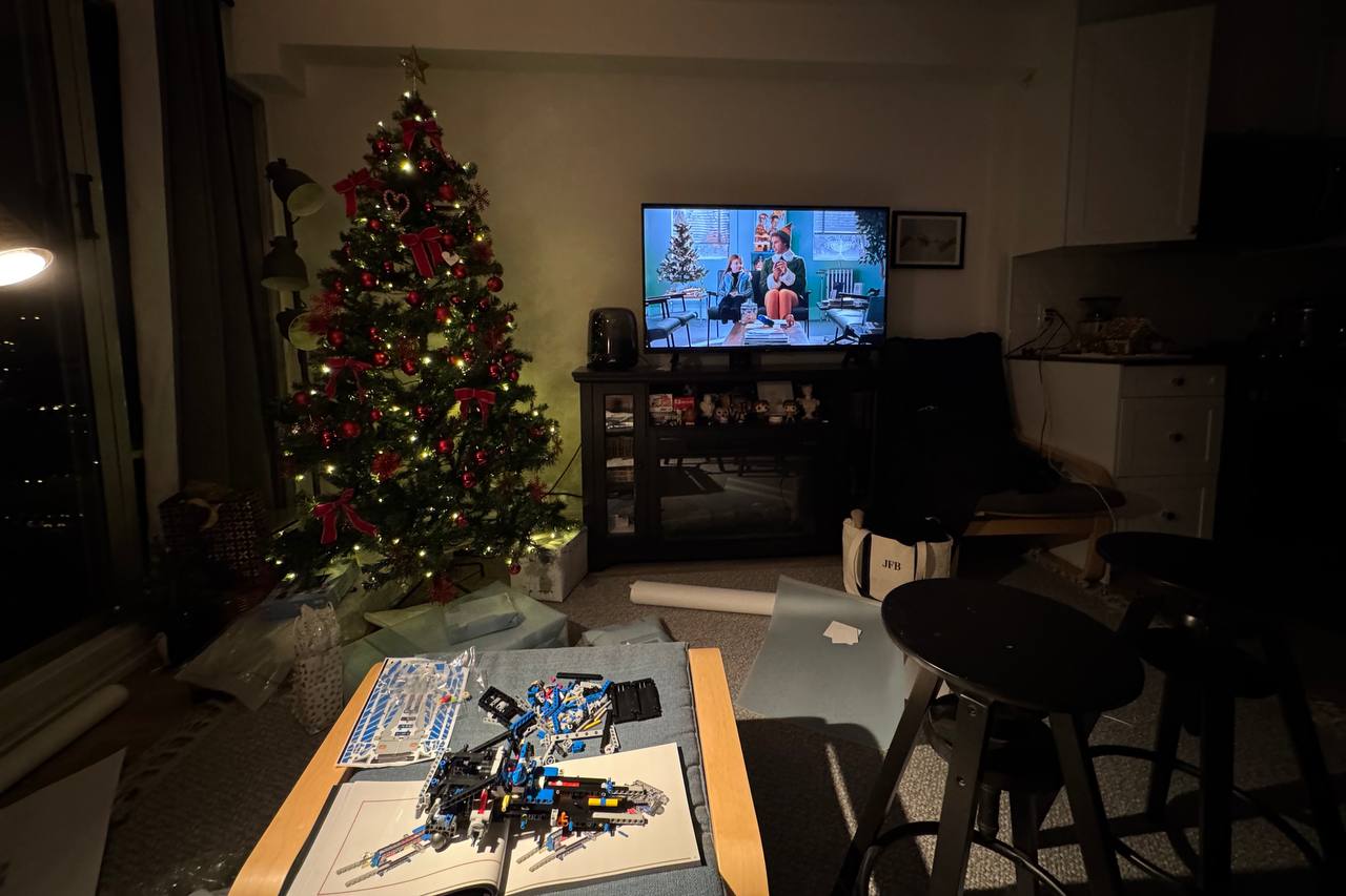Christmas setup: the Elf movie, Christmas tree (background) and lego (foreground)
