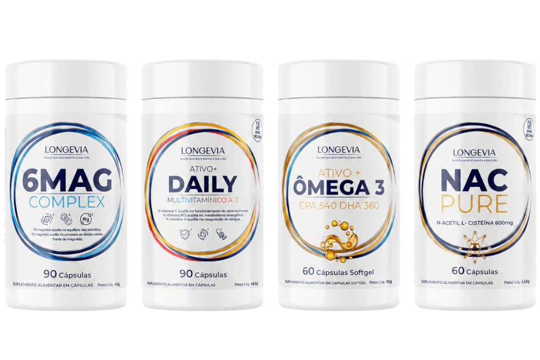 Protocolo Longevidade com Daily, 6MAG, Ômega 3, NAC Pure e garrafa Longevia