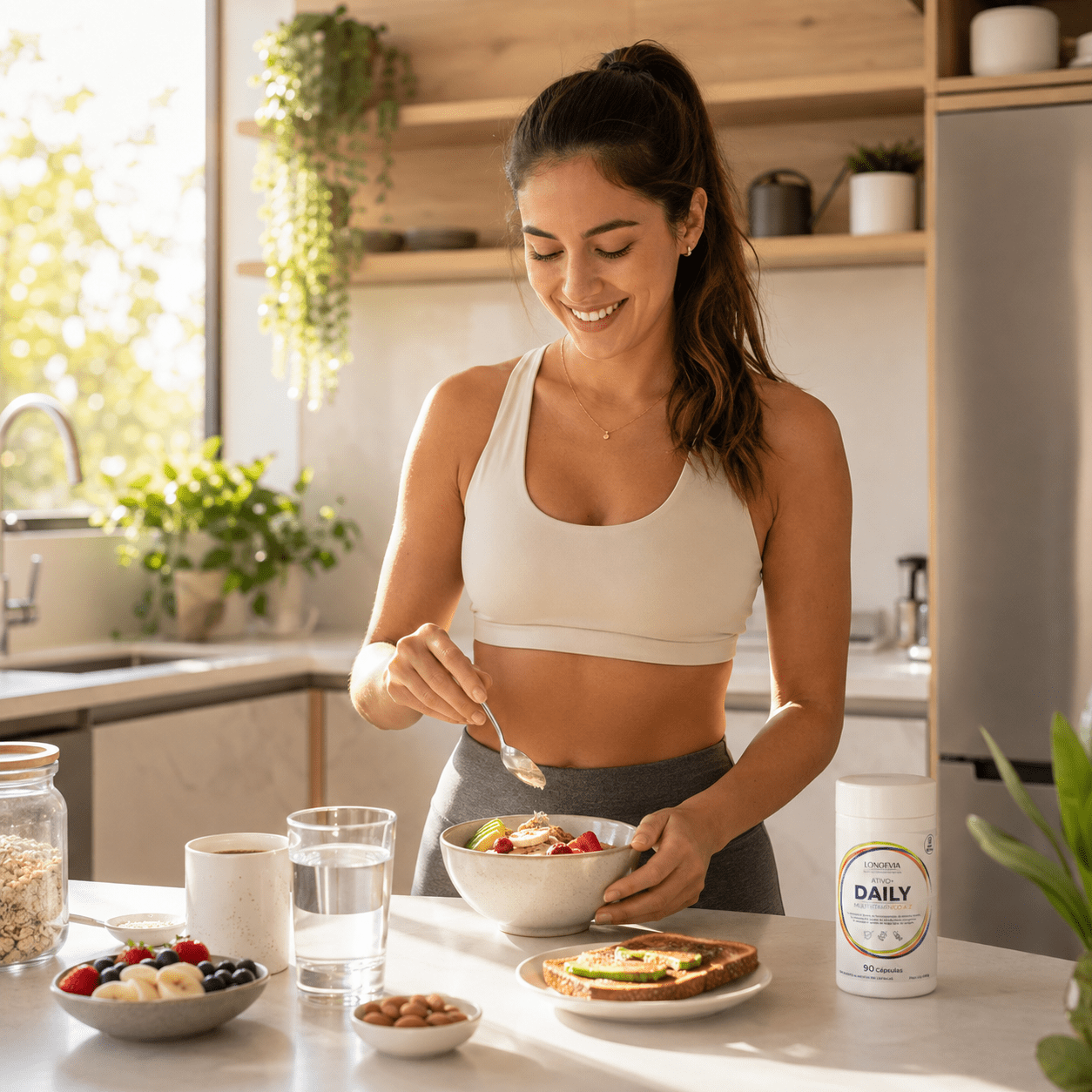 Daily Multivitam&iacute;nico em uma rotina de energia e bem-estar