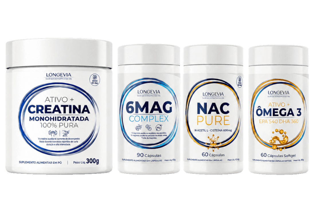 Protocolo Recovery com NAC Pure, Ômega 3, Creatina, 6MAG e Garrafa Longevia