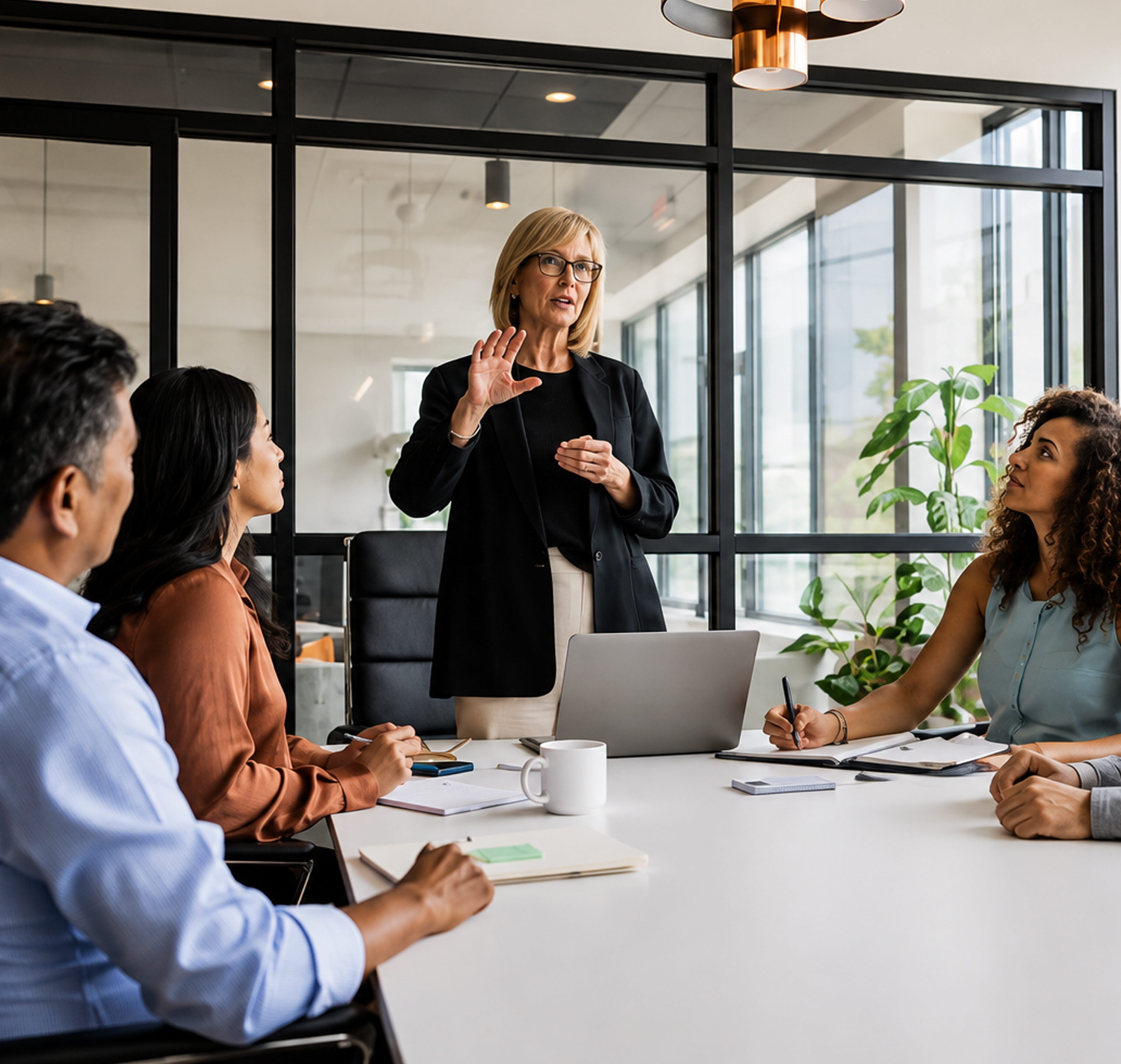 A presenter discussing a project with colleagues around a meeting table