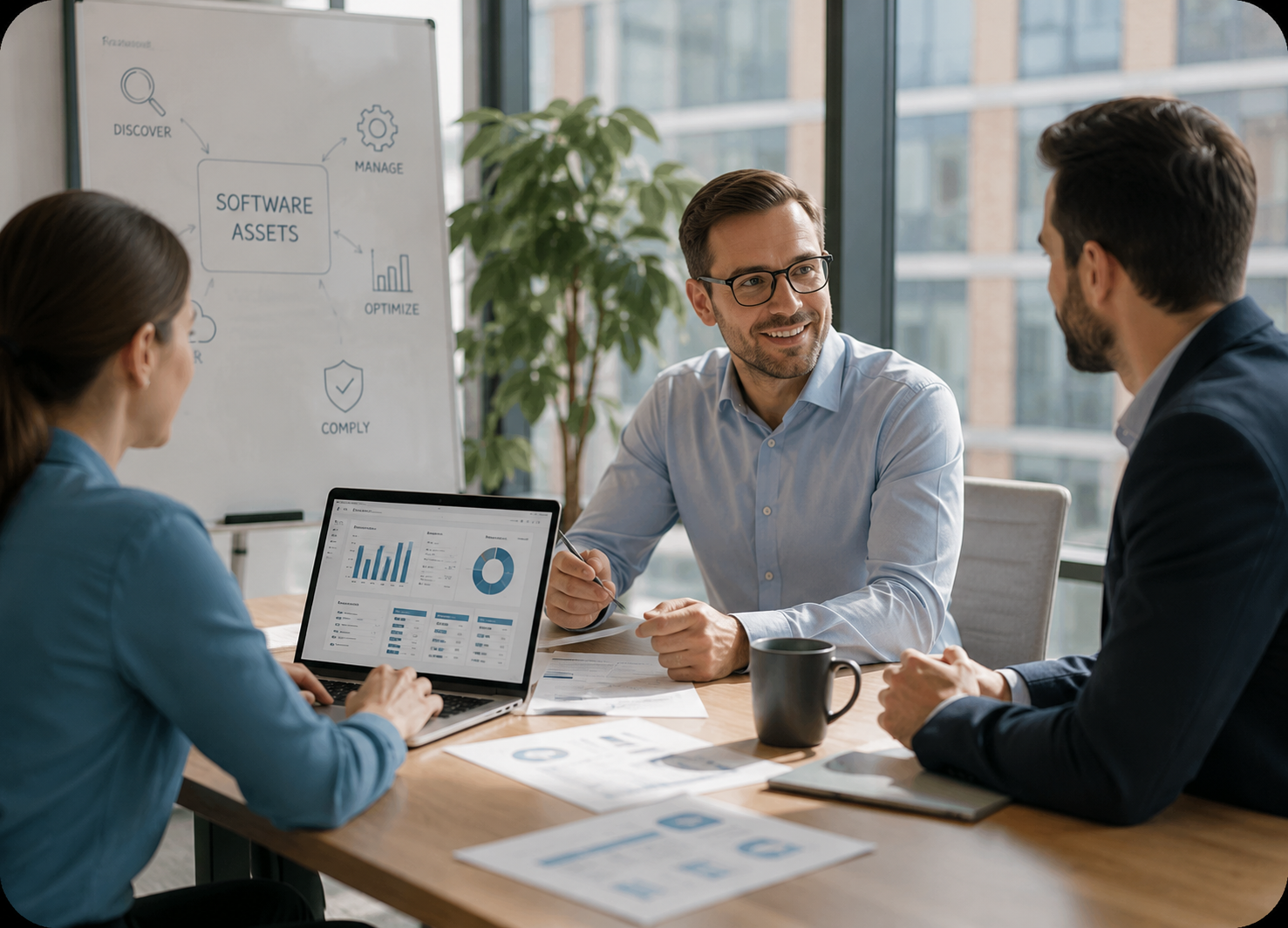 Microsoft licensing advisory team reviewing enterprise software licensing and optimization data