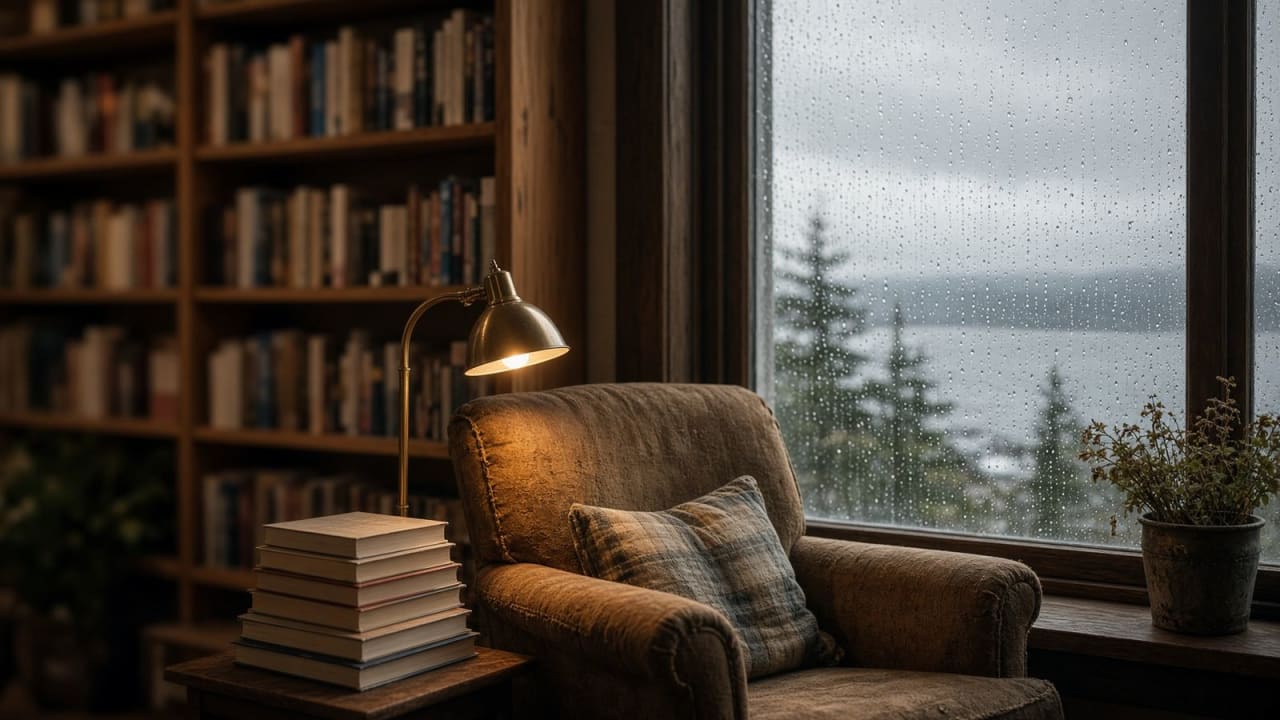 A reading chair by a rainy window overlooking the water