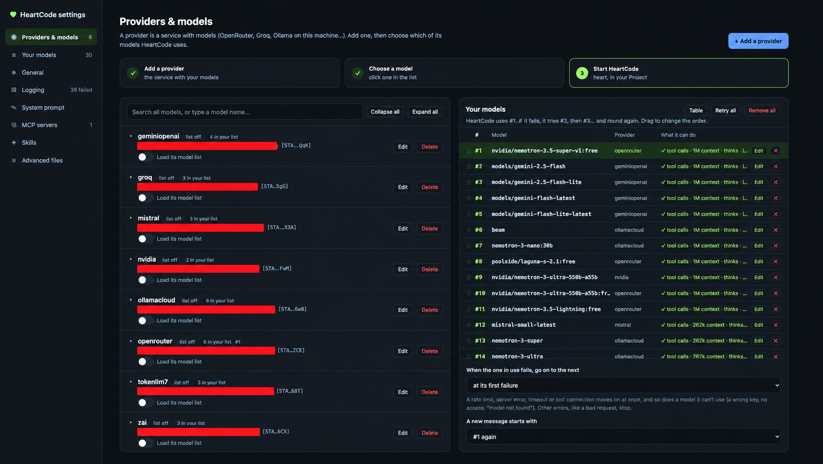 The settings page