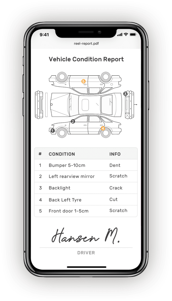 Check car condition report in PDF on mobile device.