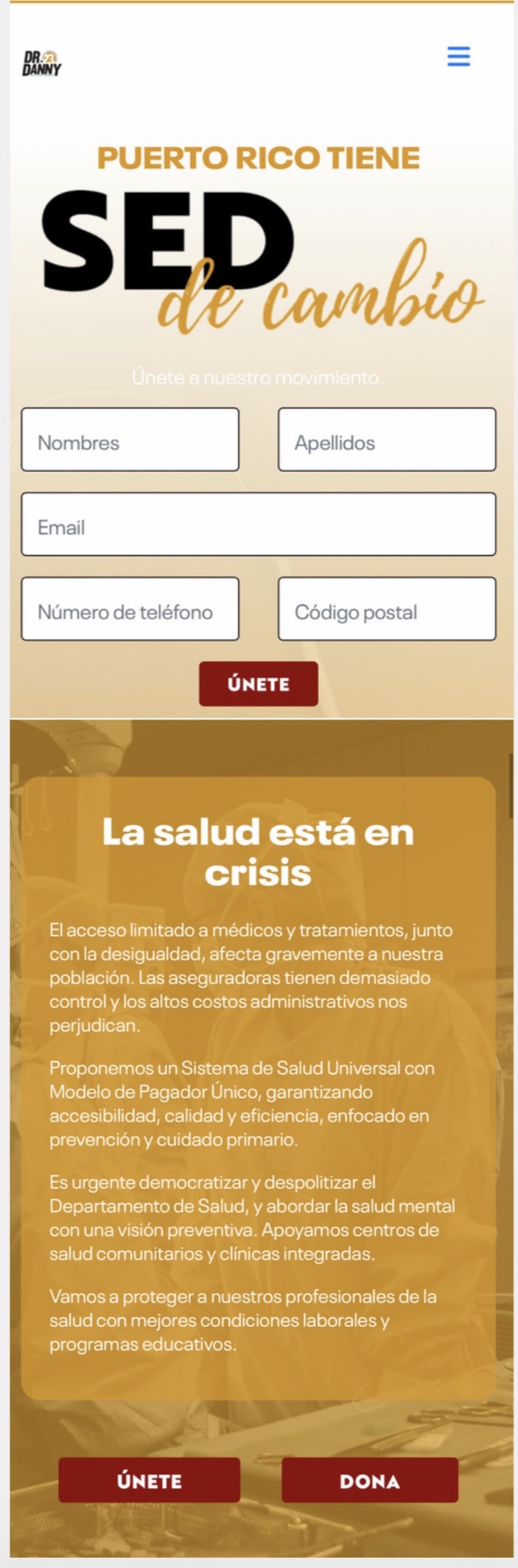 Captura móvil del sitio de campaña del Dr. Daniel Ortiz Vargas con el mensaje Puerto Rico tiene sed de cambio