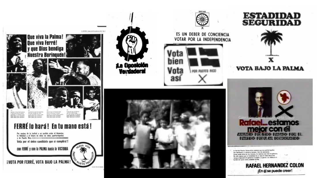 Mosaico de anuncios, símbolos y slogans de campañas políticas puertorriqueñas