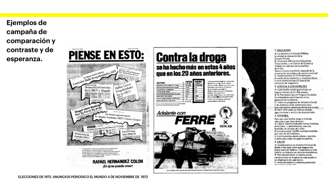 Anuncios de prensa puertorriqueños de 1972 utilizados para comparar miedo, contraste y esperanza
