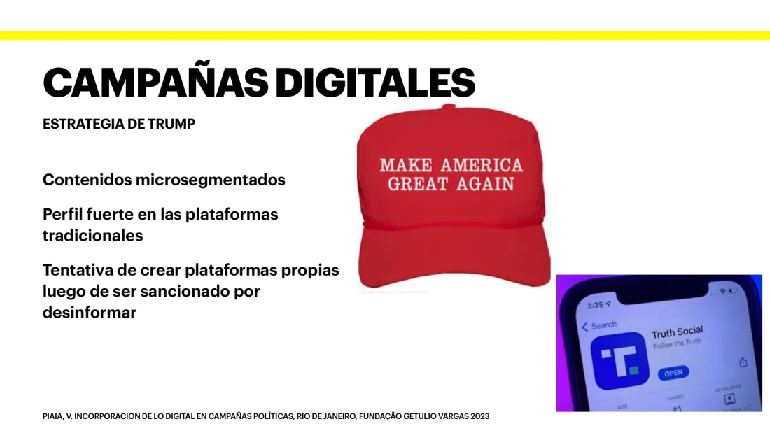 Diapositiva sobre contenidos microsegmentados, plataformas propias y estrategia política digital