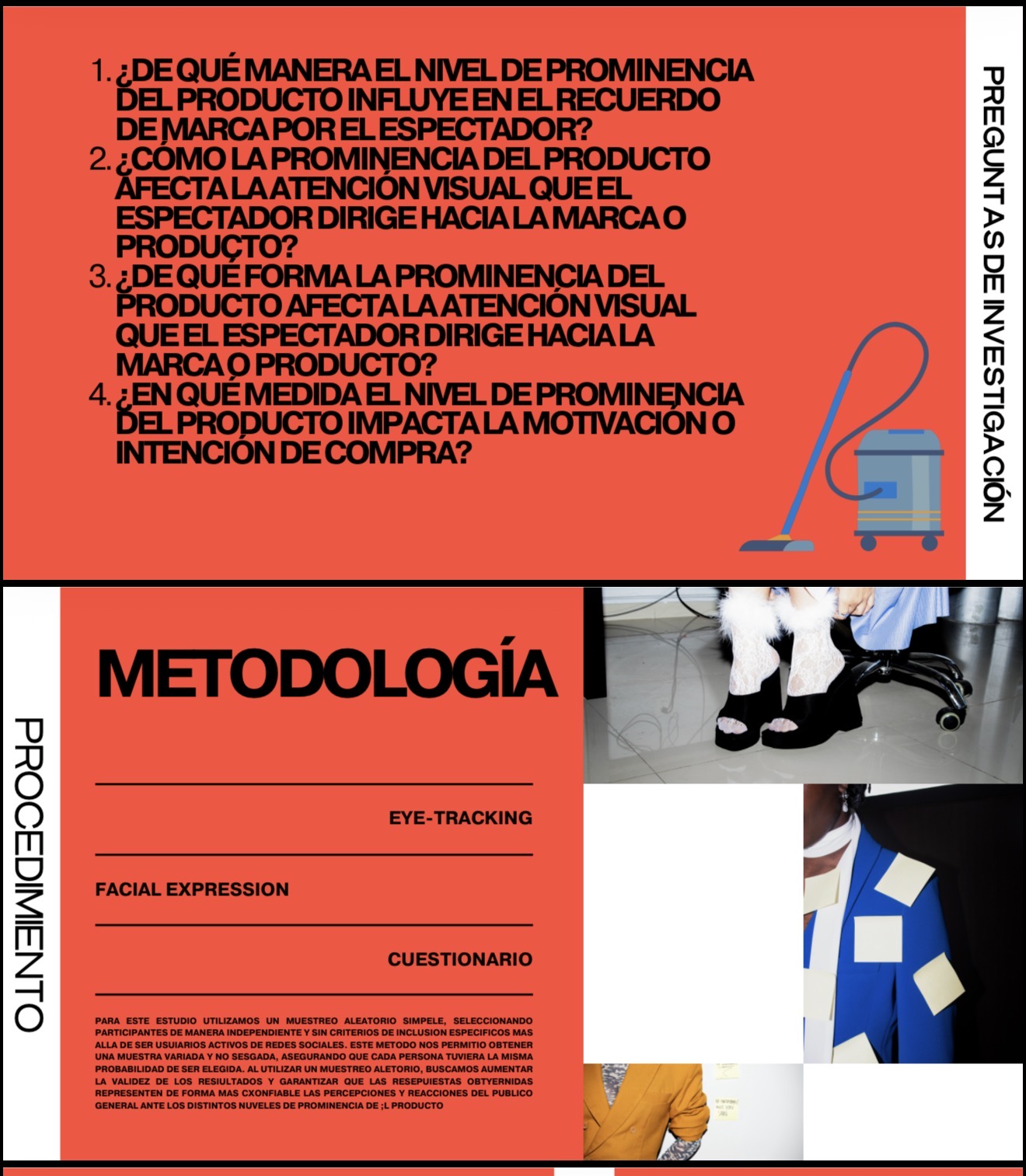 Láminas del estudio de neuromarketing con preguntas de investigación y metodología basada en eye tracking, análisis de expresión facial y cuestionario